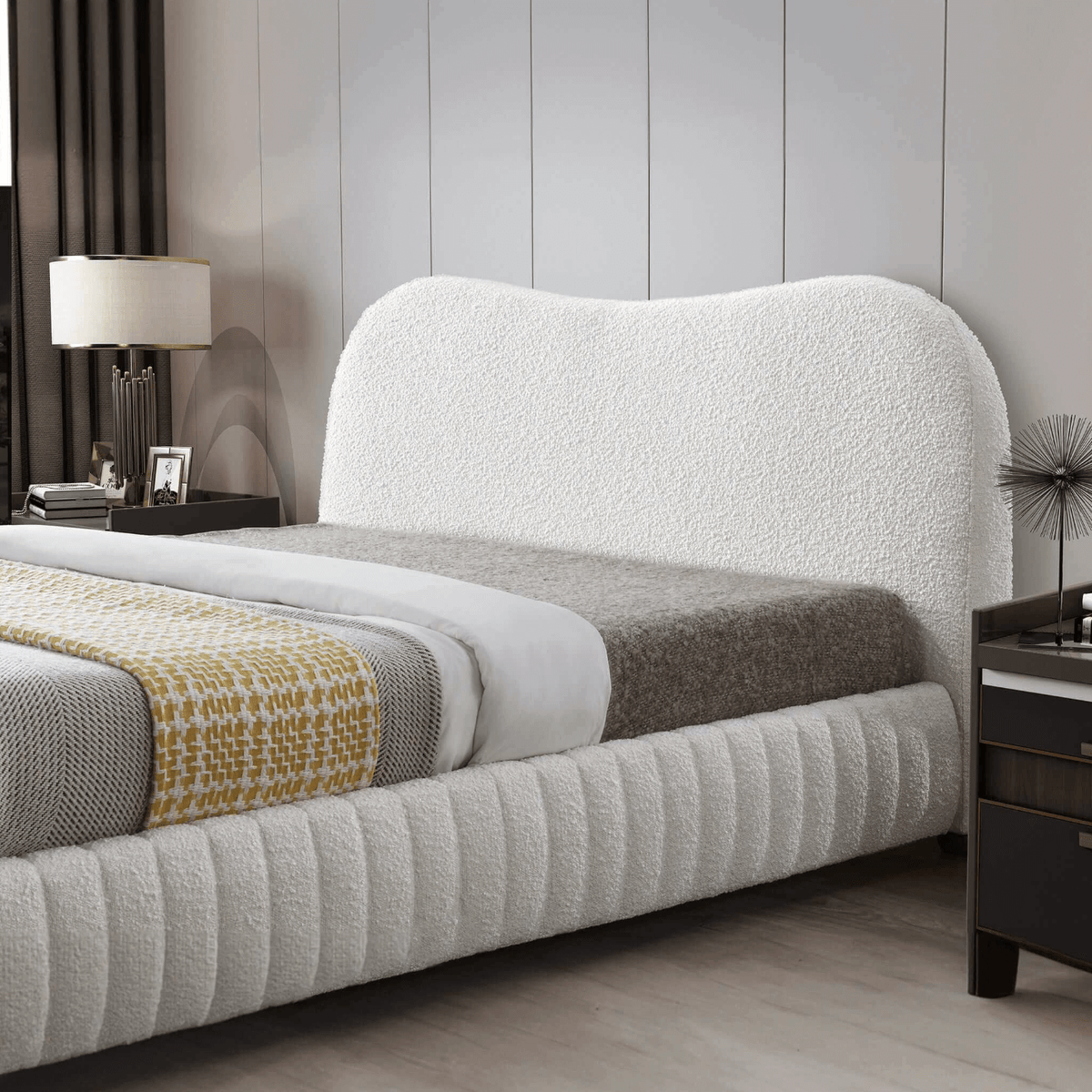 Norme Cream Boucle Platform Bed Frame Queen – Modern Upholstered Bed featuring soft boucle fabric and modern design