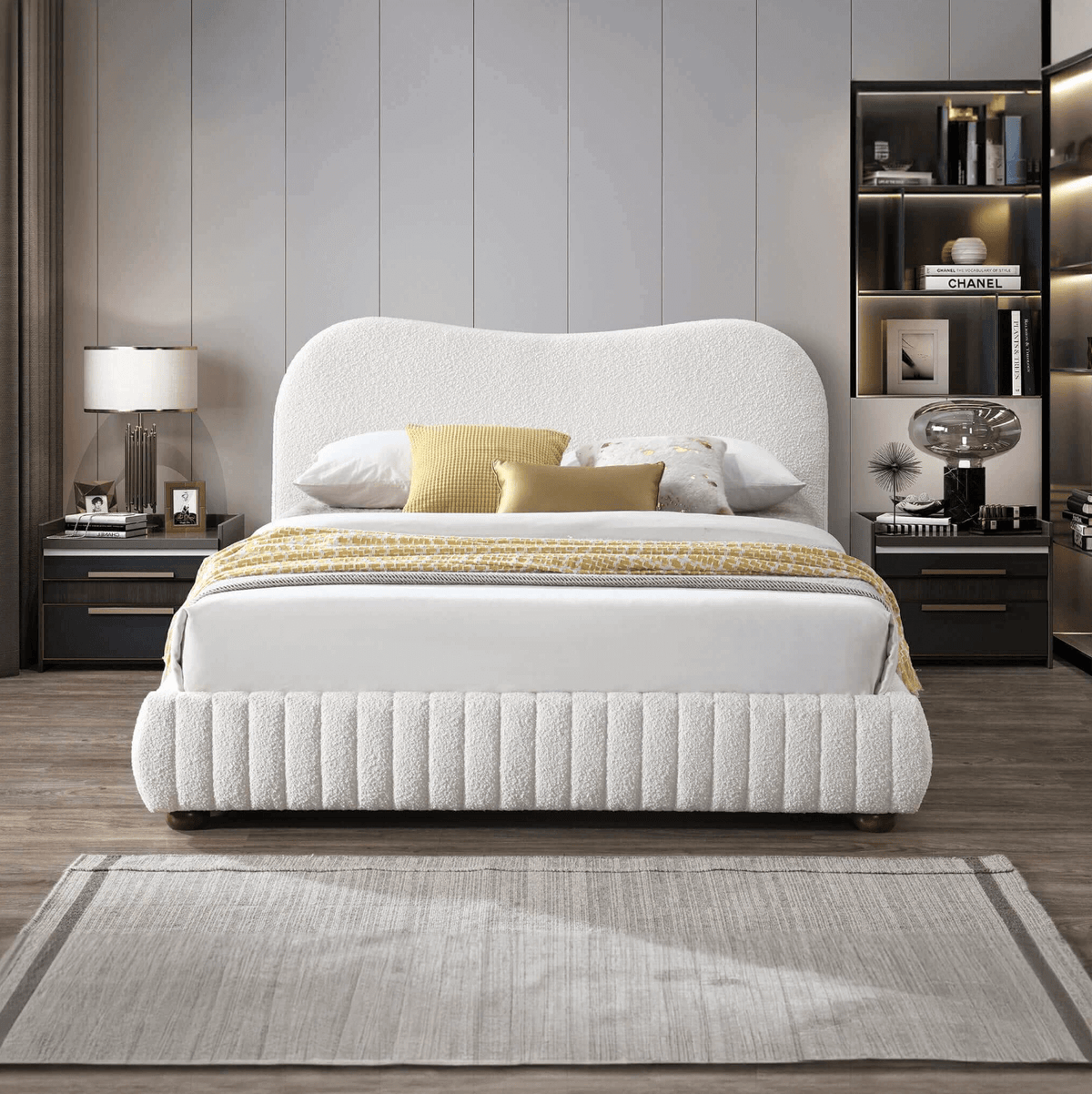 Norme Cream Boucle Platform Bed Frame Queen – Modern Upholstered Bed in a stylish bedroom setting.