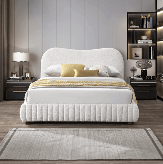 Norme Cream Boucle Platform Bed Frame Queen – Modern Upholstered Bed in a stylish bedroom setting.