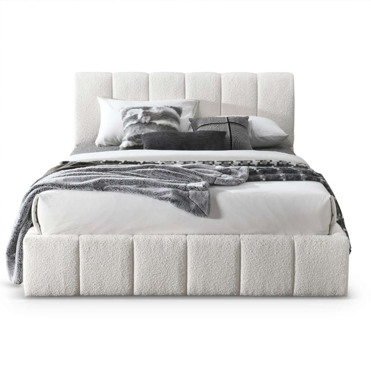 Hilar Channel Tufted White Boucle Platform Bed Frame - Revel Sofa