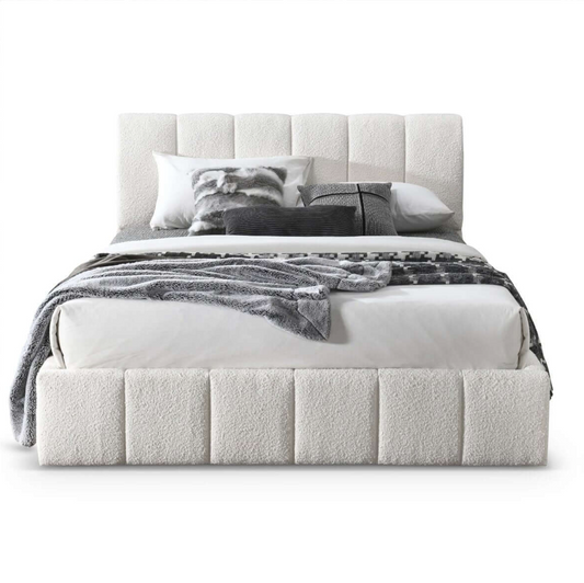 Hilar Channel Tufted White Boucle Platform Bed Frame - Revel Sofa