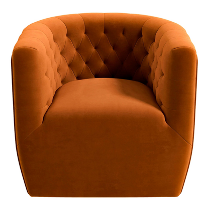 Delaney Tufted Swivel Barrel Chair – Modern Accent Chair (Multiple Colors & Fabrics) in orange velvet upholstery.