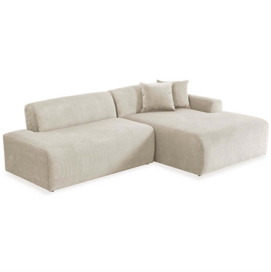 Contemporary Corduroy Chaise Sofa Sectional 102” – Mar Modern L-Shape Corduroy Couch (3 Colors) in light beige fabric.