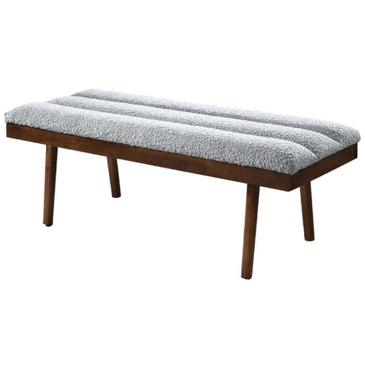 Troni MCM Tufted Gray Boucle Bench 48" – Modern Upholstered Accent Bench showcasing gray boucle fabric with wooden legs.