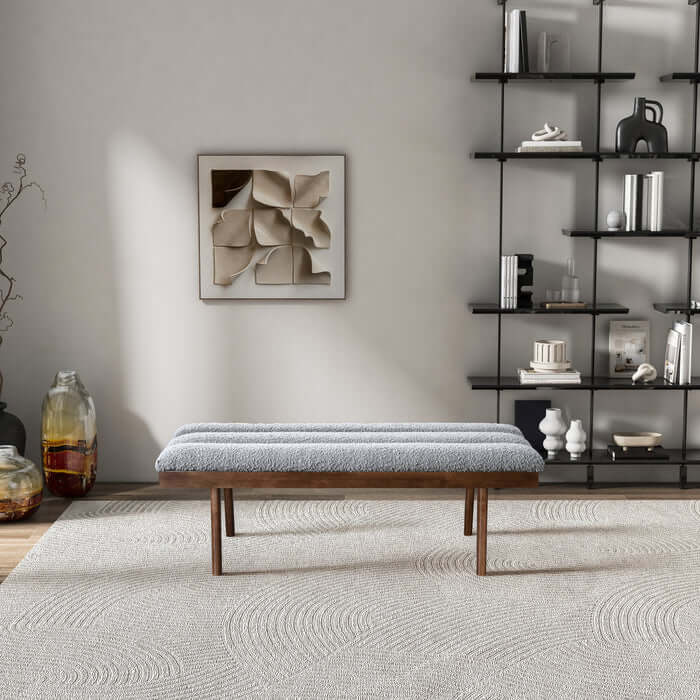 Troni MCM Tufted Gray Boucle Bench 48" – Modern Upholstered Accent Bench in a chic living room setting.