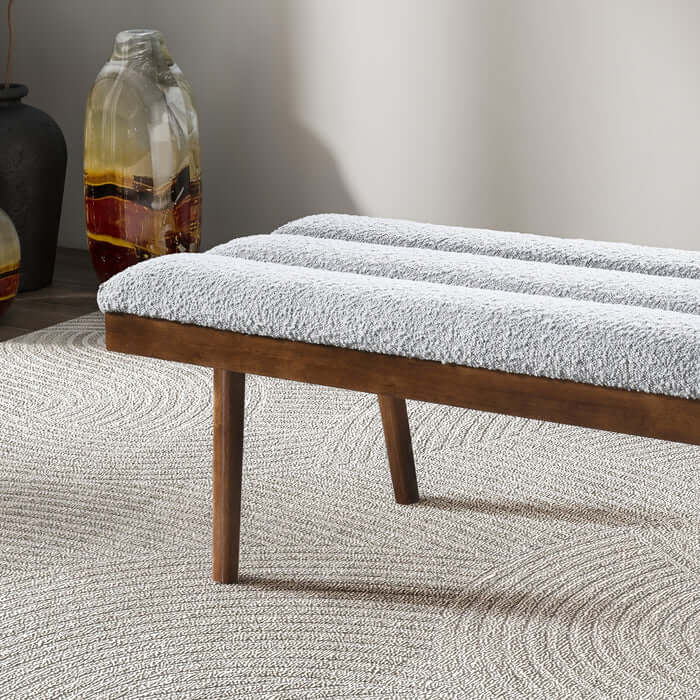 Troni MCM Tufted Gray Boucle Bench 48" – Modern Upholstered Accent Bench on textured rug.
