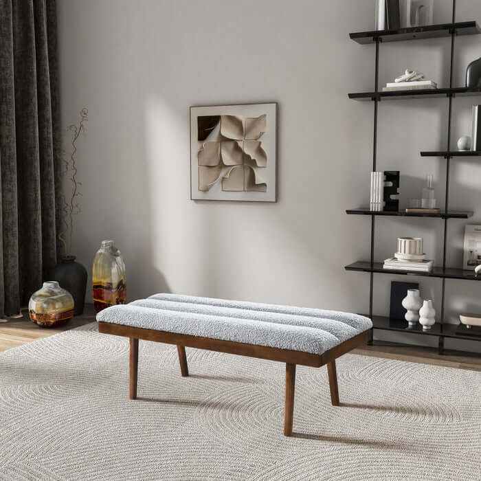 Troni MCM Tufted Gray Boucle Bench 48" – Modern Upholstered Accent Bench in a stylish living room setting.