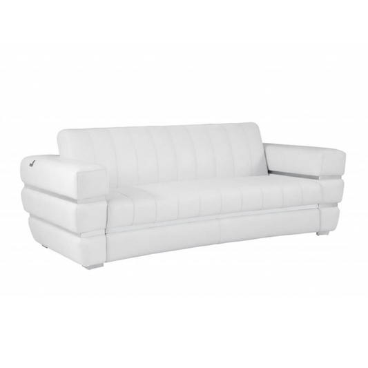 89" White Italian Leather Sofa With Silver Legs