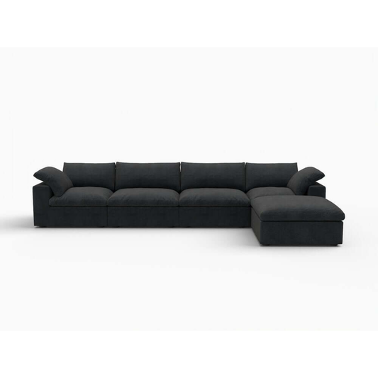 160" Black Linen Blend Modular Right Sofa With Ottoman And Toss Pillows