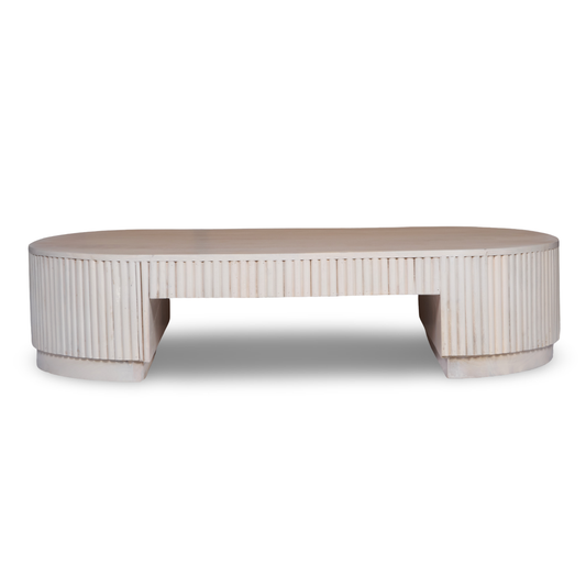 Isla Whitewashed Mango Wood Coffee Table – 55" Rectangular Sled-Base Table