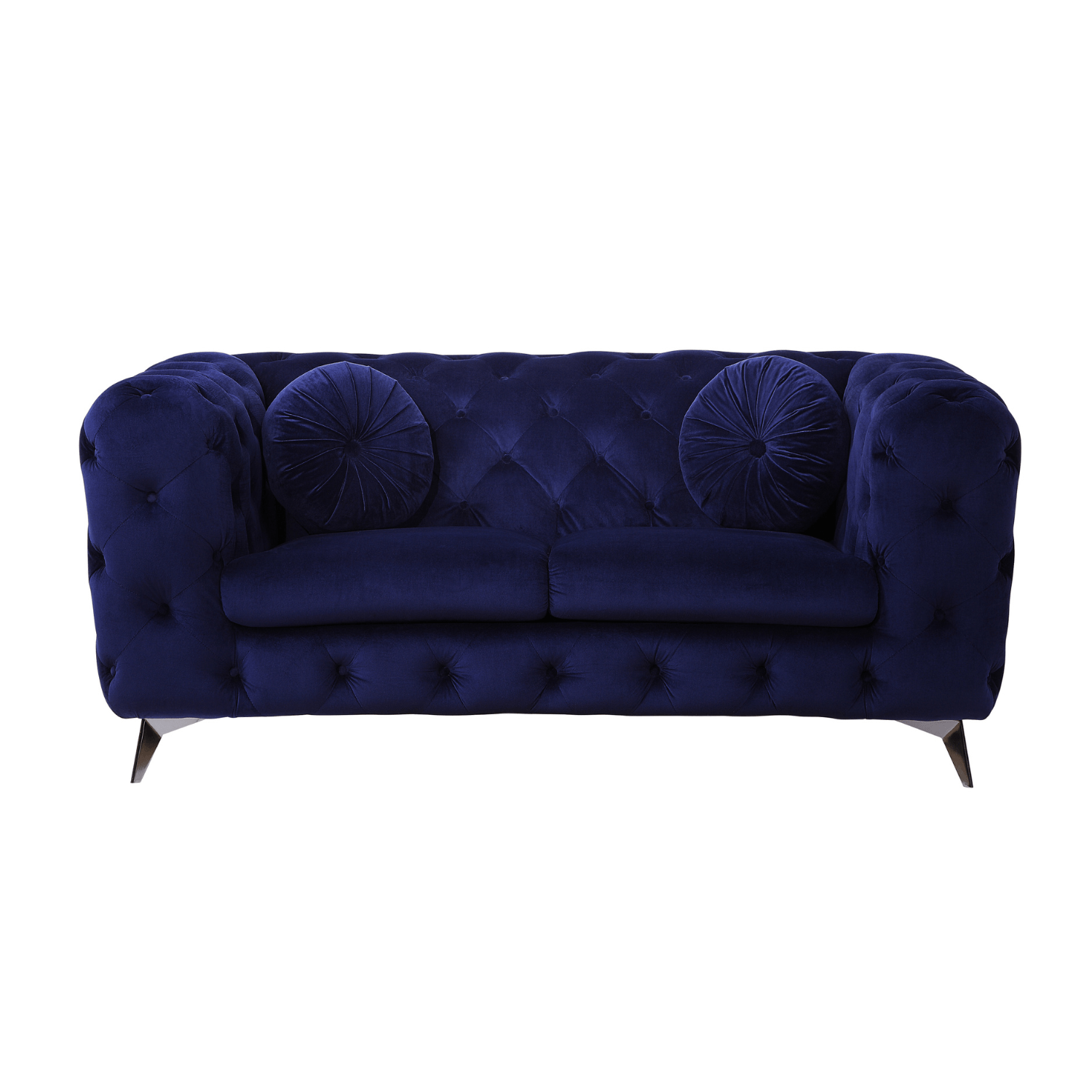 Atronia Luxe Deco Blue Velvet Sofa Loveseat 72" with tufted design and plush cushions, ideal for luxurious living spaces.
