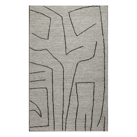 Abbey Valetta handwoven wool area rug with abstract black pattern on neutral background.