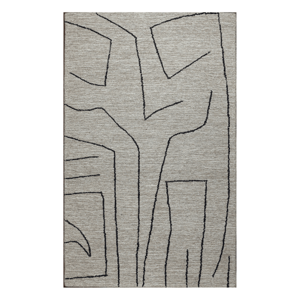 Abbey Valetta handwoven wool area rug with abstract black pattern on neutral background.