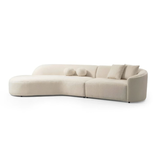Ivory Boucle Curved Modular Sectional Sofa with Chaise & Toss Pillows | Modern 2-Piece Sectional