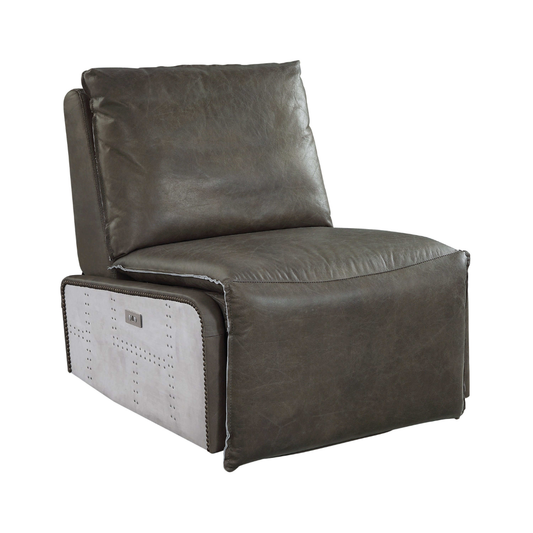 Metier Retro Leather Reclining Chair – Industrial Aluminum & Gray Leather Recliner (Power Recline, Aviation Style)