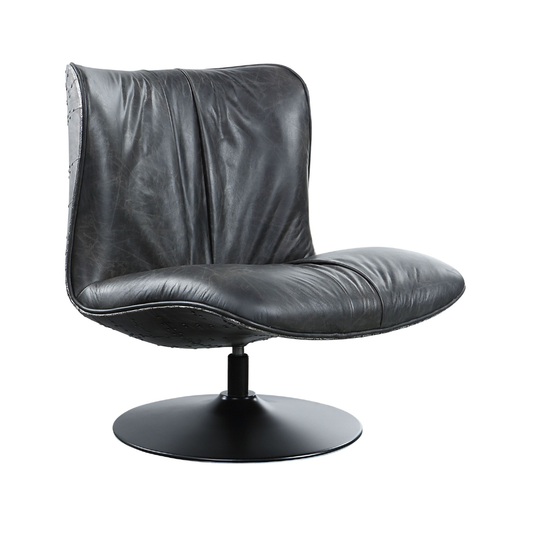 Piotr Black Top-Grain Leather Armless Accent Swivel Chair