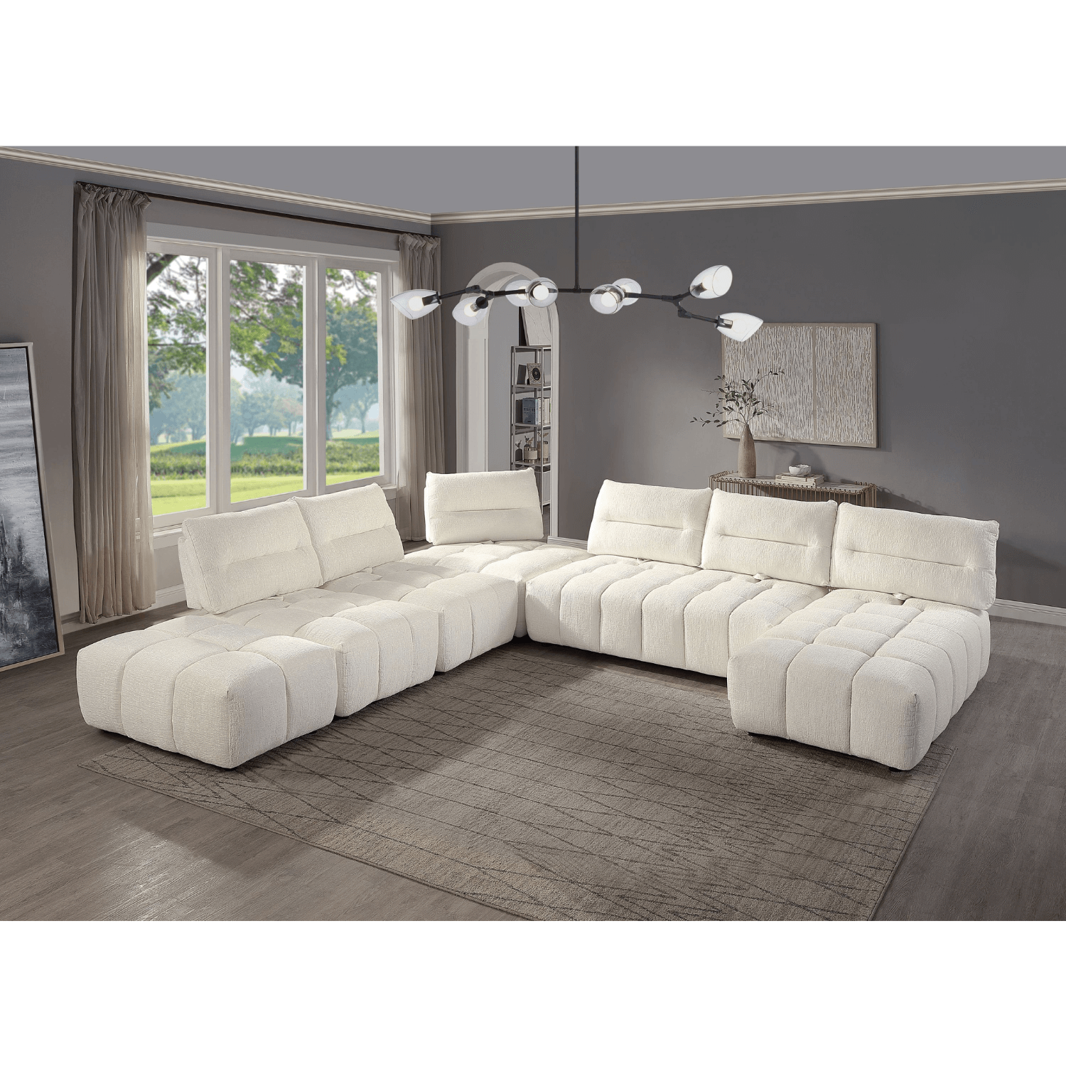 Beige Modular Sectional with Chaise & Ottoman, adjustable back, spacious for modern living.