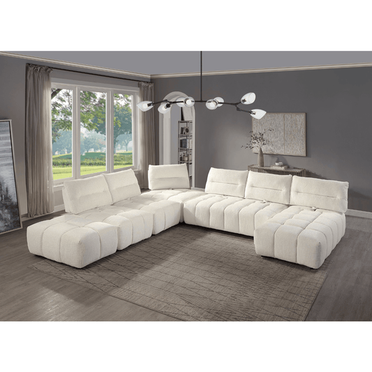 Beige Modular Sectional with Chaise & Ottoman, adjustable back, spacious for modern living.