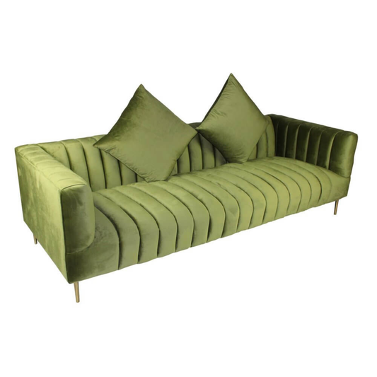 90" Olive Green Velvet Sofa And Toss Pillows With Gold Legs