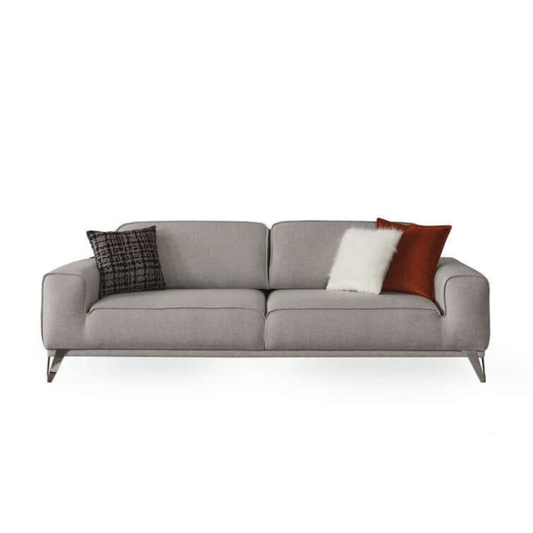 90" Linen Sofa with Toss Pillows & Silver Stainless Steel Legs