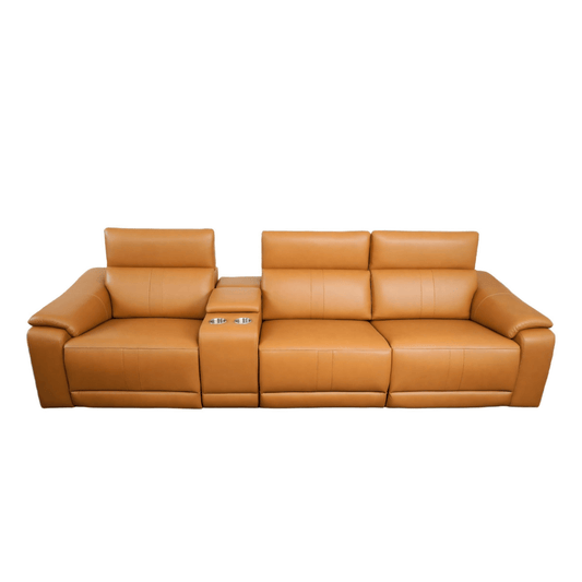 118" Modular Leather Recliner Sectional Sofa – 3-seat Power Reclining Sofa with Cup Holders in tan leather upholstery.