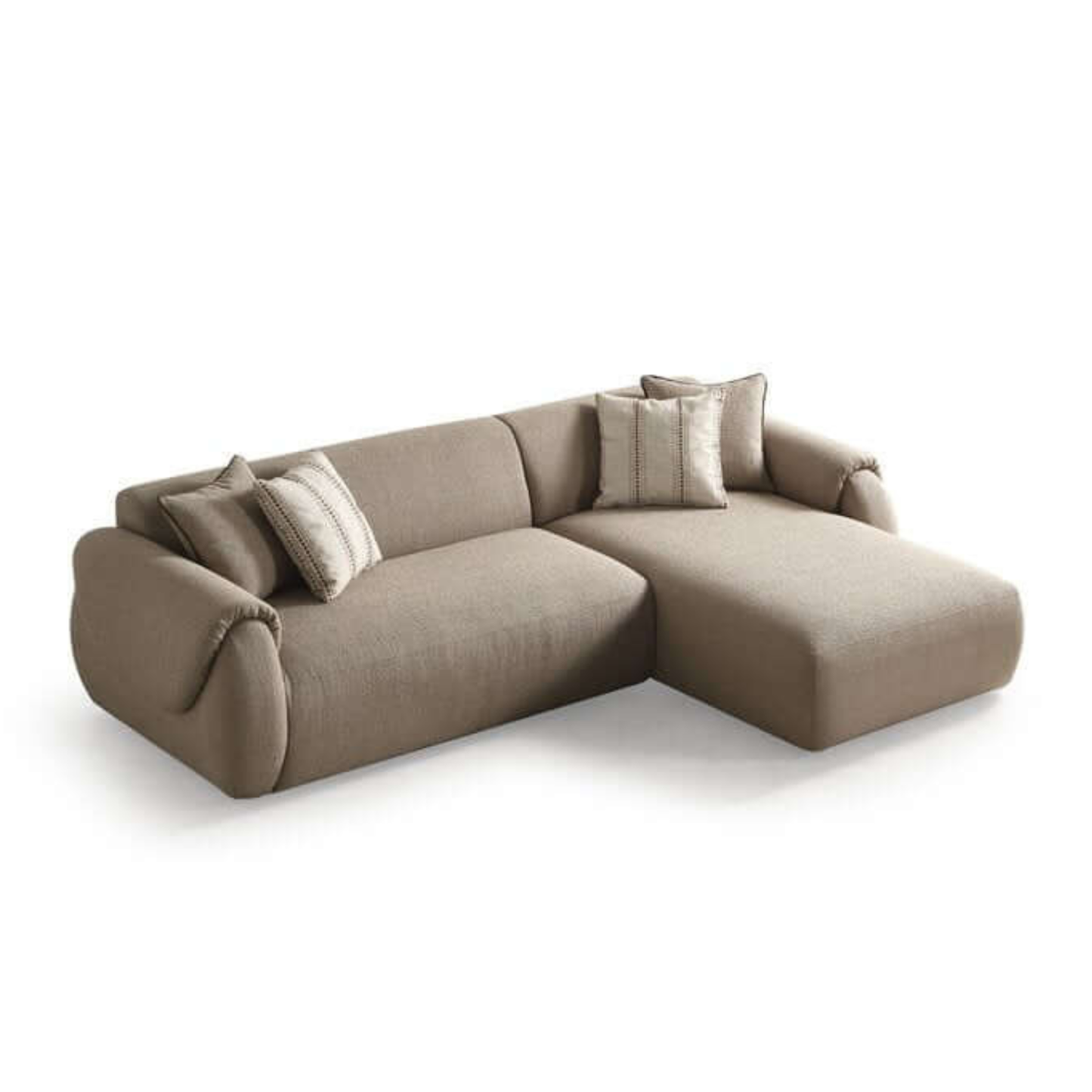 Taupe Boucle L-Shaped Sofa & Chaise Sectional with Toss Pillows | Modern 2-Piece Sectional