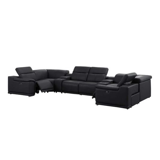 174" Black Top Grain Leather Power Reclining U-Shaped Modular Sectional with Console & USB Ports