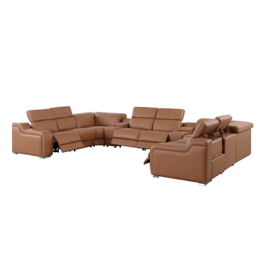 161" Chestnut Italian Leather Power Reclining U-Shaped 10-Piece Sectional with Console, USB Ports & Top Grain Leather