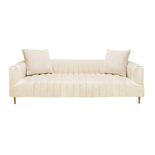 90" Ivory Velvet Sofa And Toss Pillows With Gold Legs