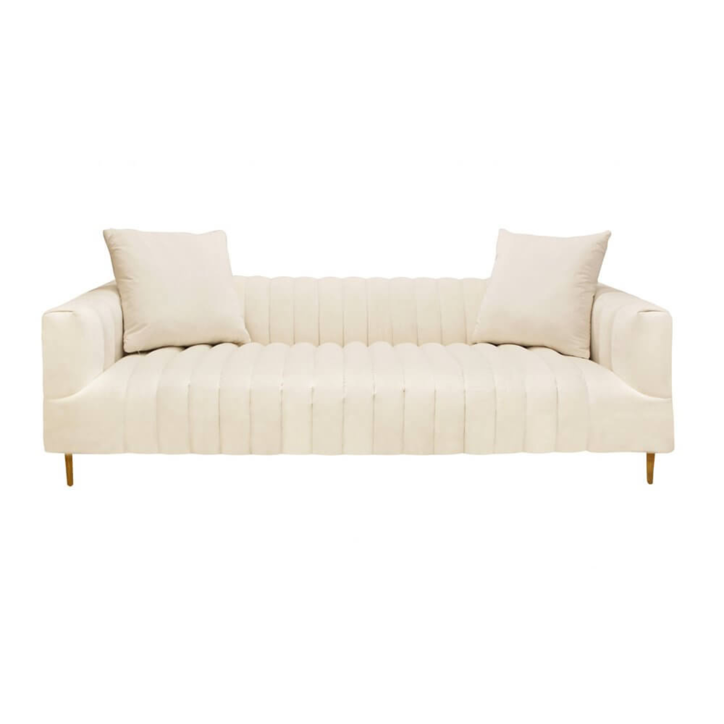 90" Ivory Velvet Sofa And Toss Pillows With Gold Legs