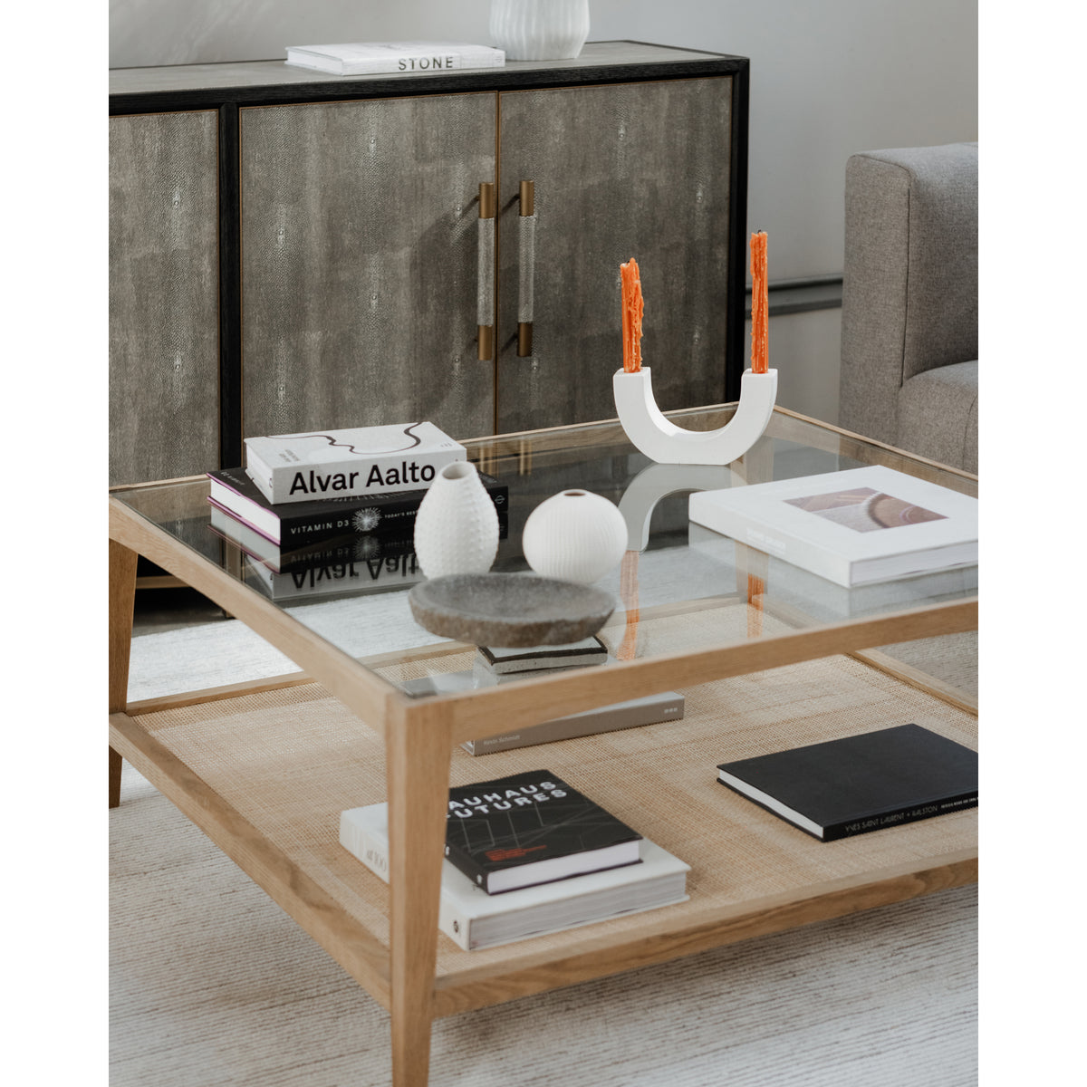 Harrington Coffee Table – 39.5" Oak, Glass and Cane Coffee Table (7)