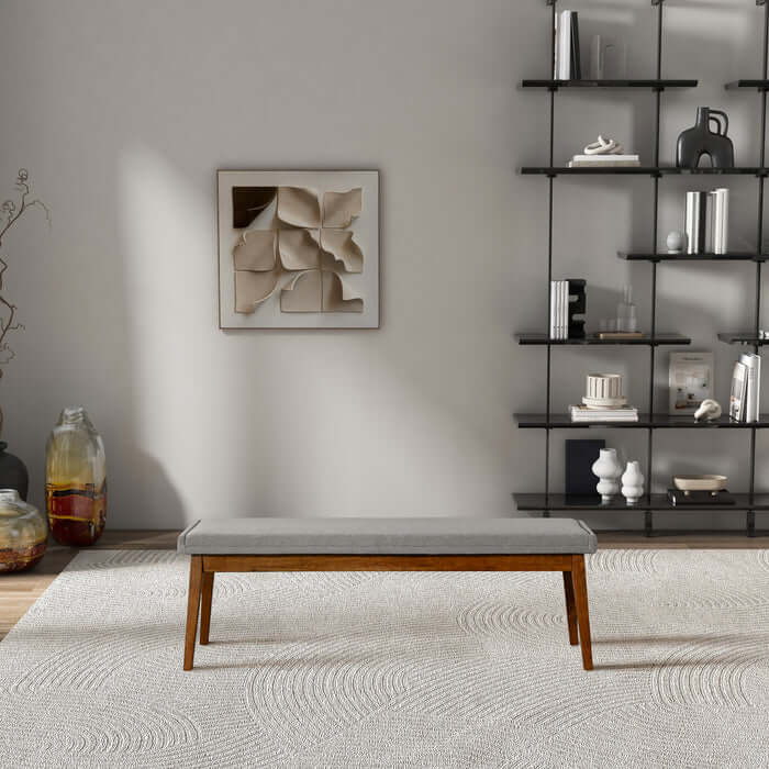 Warren 56" Mid-Century Modern Ash Gray Linen Upholstered Bench with Solid Wood Frame