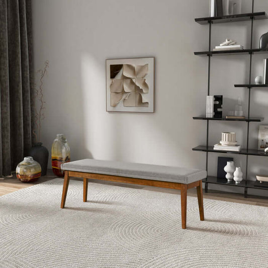 Warren 56" Mid-Century Modern Ash Gray Linen Upholstered Bench with Solid Wood Frame