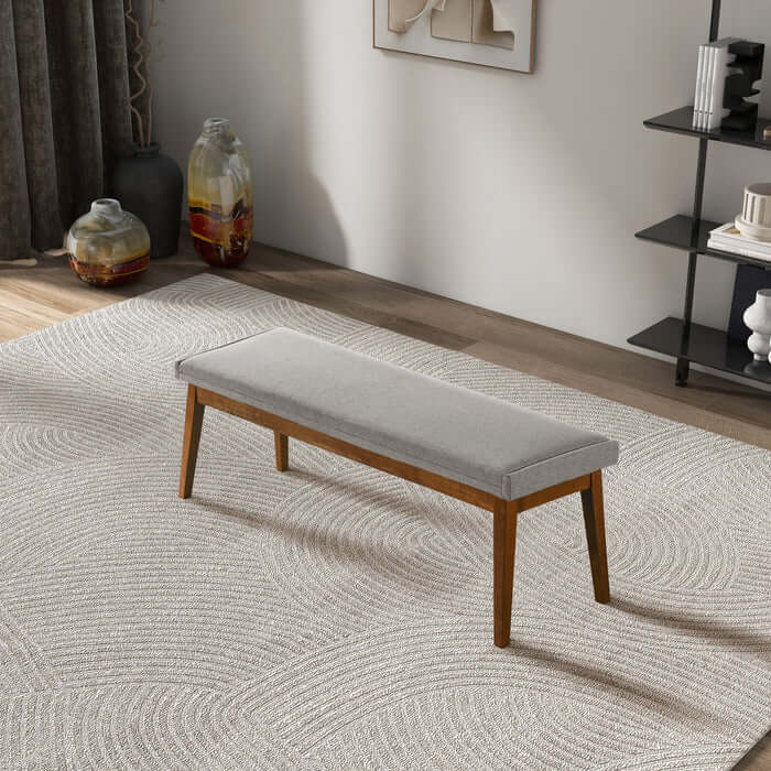Warren 56" Mid-Century Modern Ash Gray Linen Upholstered Bench with Solid Wood Frame