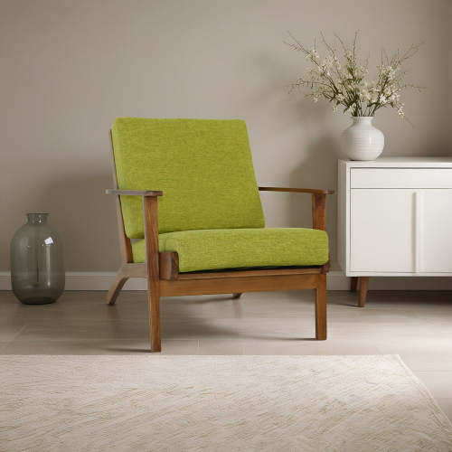 Connor Solid Wood Linen Armchair – Mid-Century Modern Lounge Chair (4 Colors) in lime green upholstery.