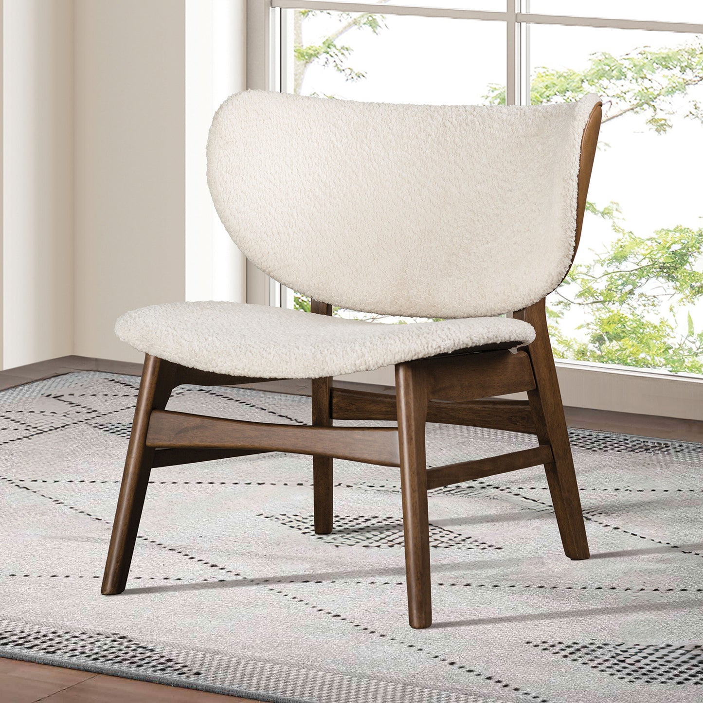 Oona Beige Boucle Wingback Accent Chair – 24.5" Mid-Century Chair with Walnut Frame