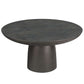 Sleek black cast aluminum coffee table with round top and sturdy pedestal base, ideal for modern living spaces.