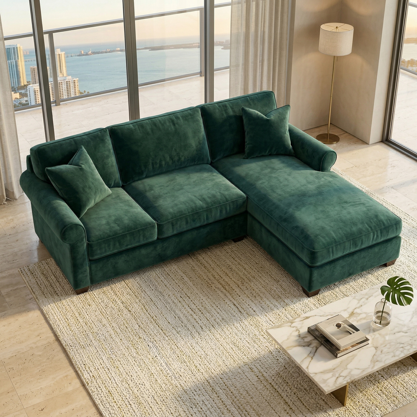 Irlanda Upholstered L-Shaped Sectional – 120" Made-in-USA Sectional Sofa - Velvet Antique Kelly Green - Velvet (12)