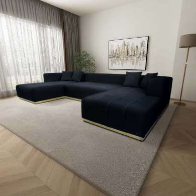 Nolan Tufted Velvet U-Shape Dual Chaise Sofa Sectional in navy blue with modern design and plush cushions.