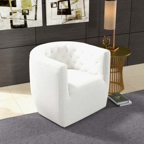 Delaney Tufted Swivel Barrel Chair – Modern Accent Chair (Multiple Colors & Fabrics) in white upholstery, stylish and comfortable.