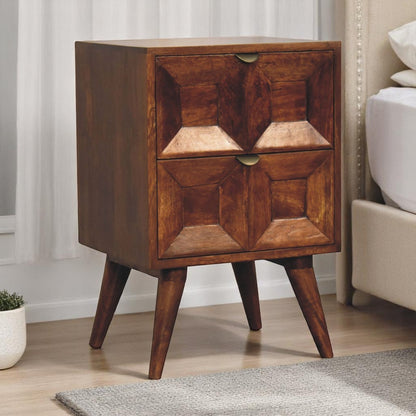 Quad Chestnut Mango Wood Nightstand – 15.7" 2-Drawer Bedside Table with Nordic Legs