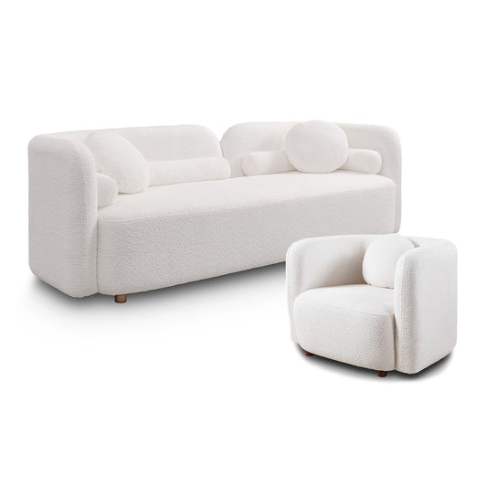 Gethin Boucle Sofa Set in White, Sofa + 1 Square Chair