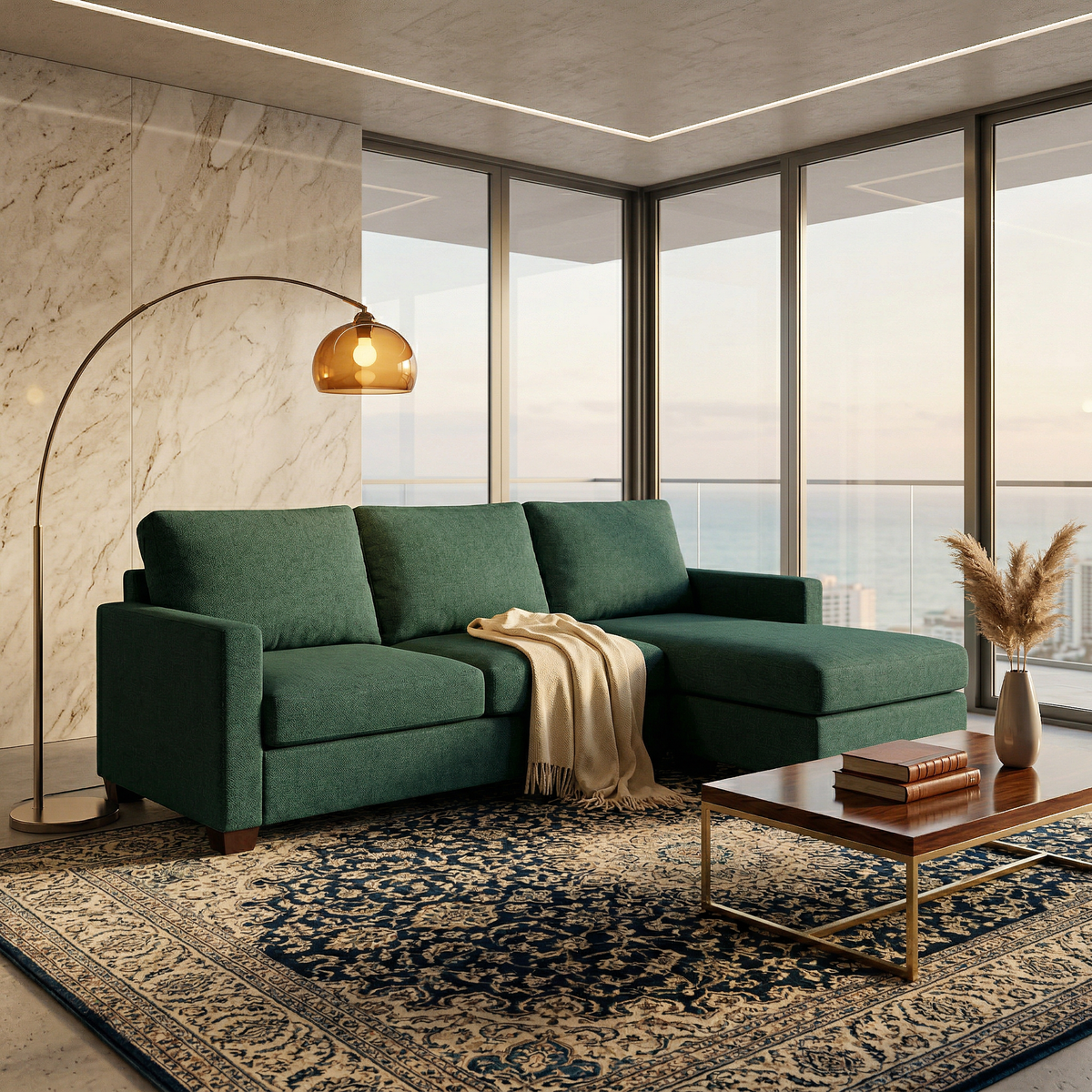 Damon L-Shaped Sectional Sofa – 120" Chaise Sectional in Fabric & Velvet - Velvet Antique Kelly Green - Velvet (1)