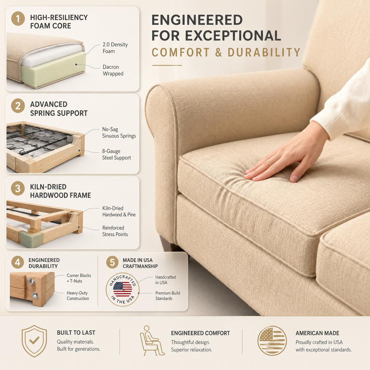 Augusta Sofa – Made in USA, Custom Fabric Options, 83" Classic Design - Redondo Oyster - Fabric (12)