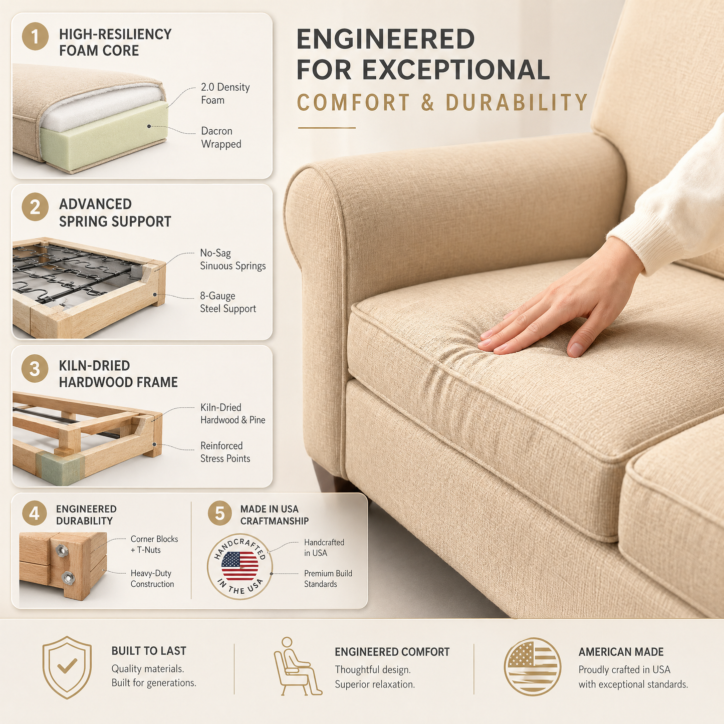 Augusta Sofa – Made in USA, Custom Fabric Options, 83" Classic Design - Redondo Oyster - Fabric (12)
