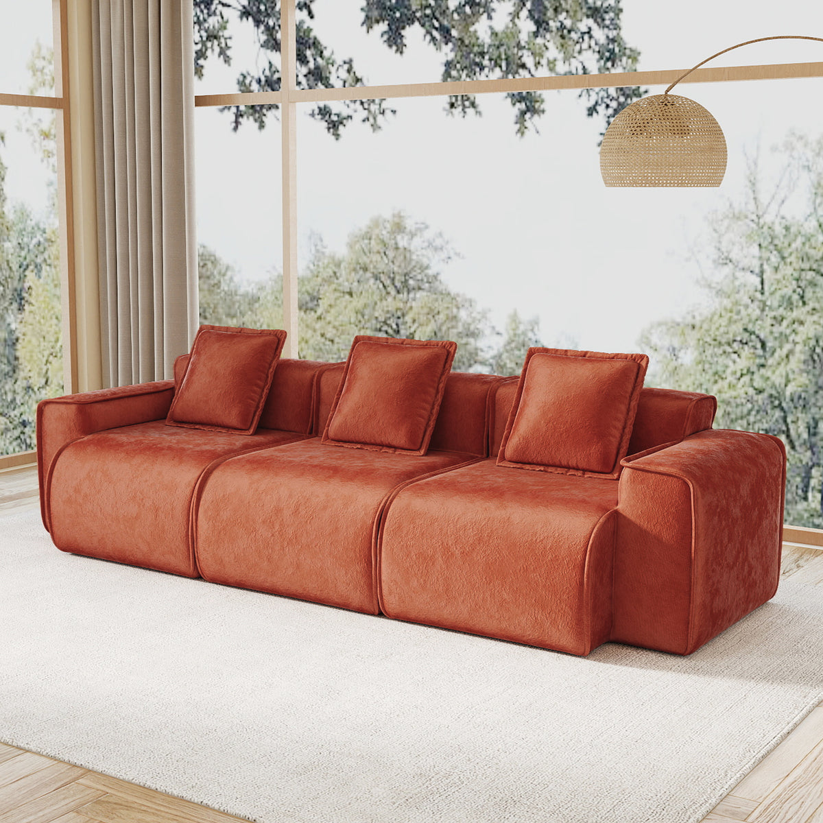 Streamlined Design Deep Seat Modular 3 Seat Boneless Sofa with French Edge Piping,Velvet Fabric