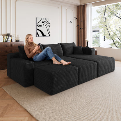 Faelan Corduroy Cloud Sectional – 95" Black U-Shape Sofa with 2 Ottomans