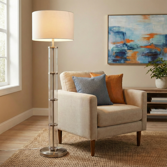 Genoa Brushed Nickel Glass Floor Lamp – 63" Drum Shade Lamp with 3-Way Switch
