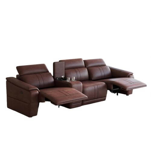 118" Modular Leather Recliner Sectional Sofa – 3-seat Power Reclining Sofa with Cup Holders in brown leather.