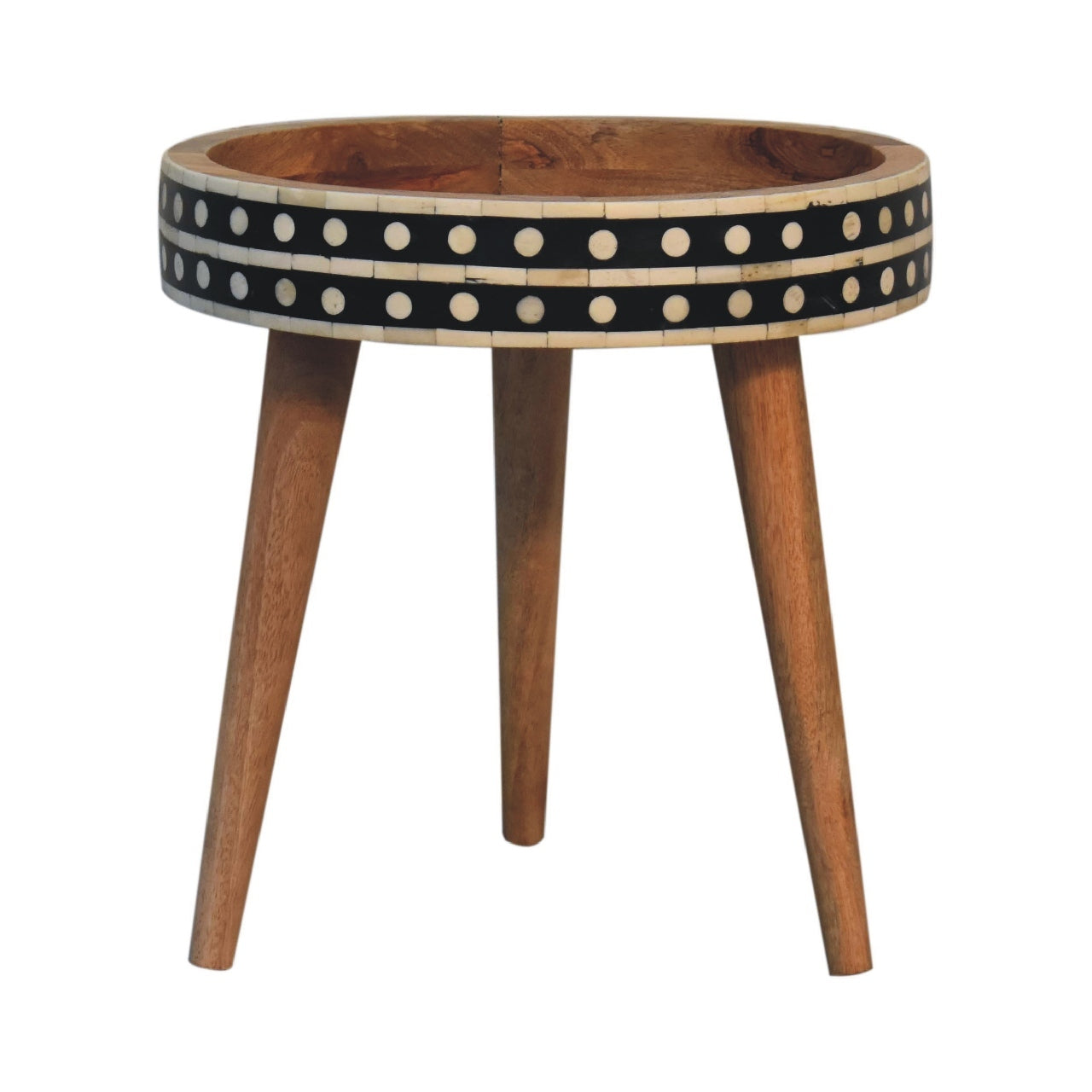 Greer Bone Inlay Mango Wood End Table – 16" Tripod Nordic Leg Mini Side Table